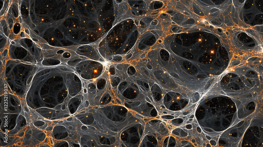 Poster abstract cosmic network with glowing nodes and intricate patterns, representing universe structure a