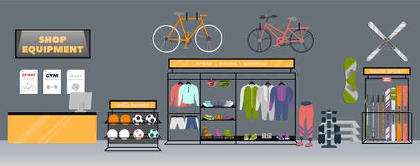 Sport shop design interior offering gym equipment, different sporting goods and activewear