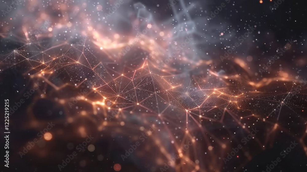 Poster mesmerizing abstract representation of interconnected particles and glowing lines, creating sense of