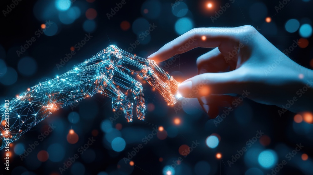 Poster hands of innovation connecting digital realms with visionary potential
