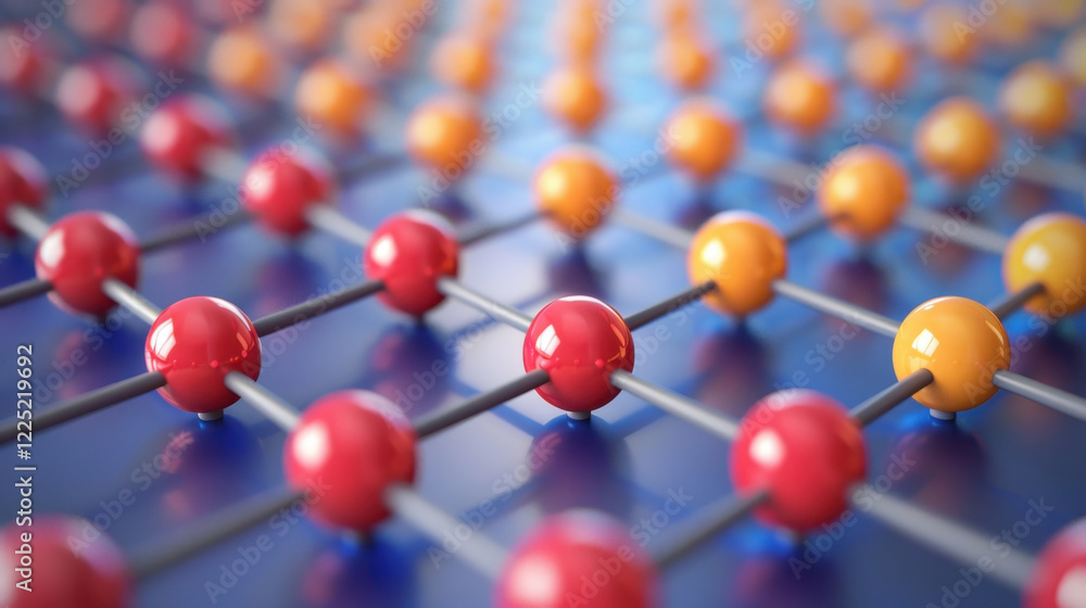 Poster close up view of colorful atomic structure with red, orange, and yellow spheres connected by lines, 