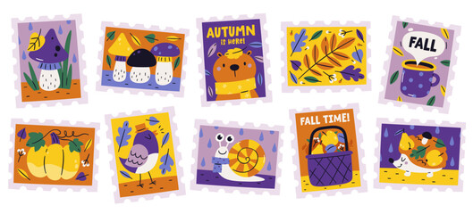 Autumn postage stamps with seasonal accessories, cute characters and forest natural elements set