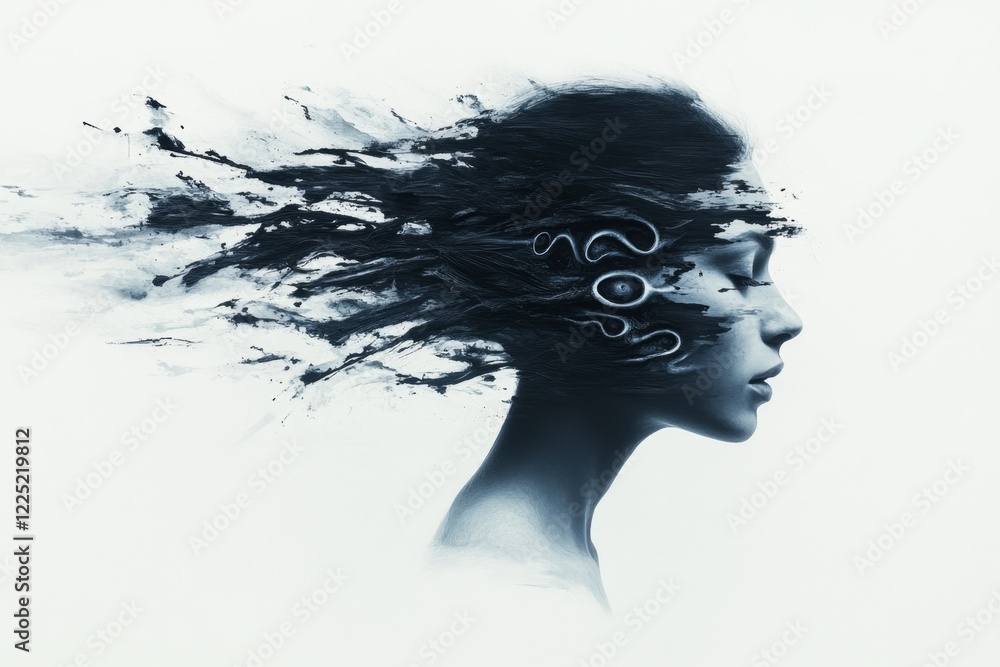Poster a simple drawing of a human silhouette with jagged lines and spirals emanating from their head, repr
