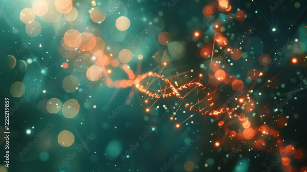 Poster abstract digital background with glowing dna strand and bokeh lights, creating sense of wonder and e