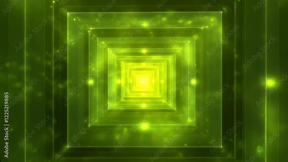 Poster abstract animation of glowing green squares receding into a tunnel, creating a sense of depth and mo
