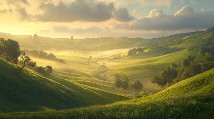 Obraz premium Sunlit misty valley landscape with rolling green hills and trees at sunrise.