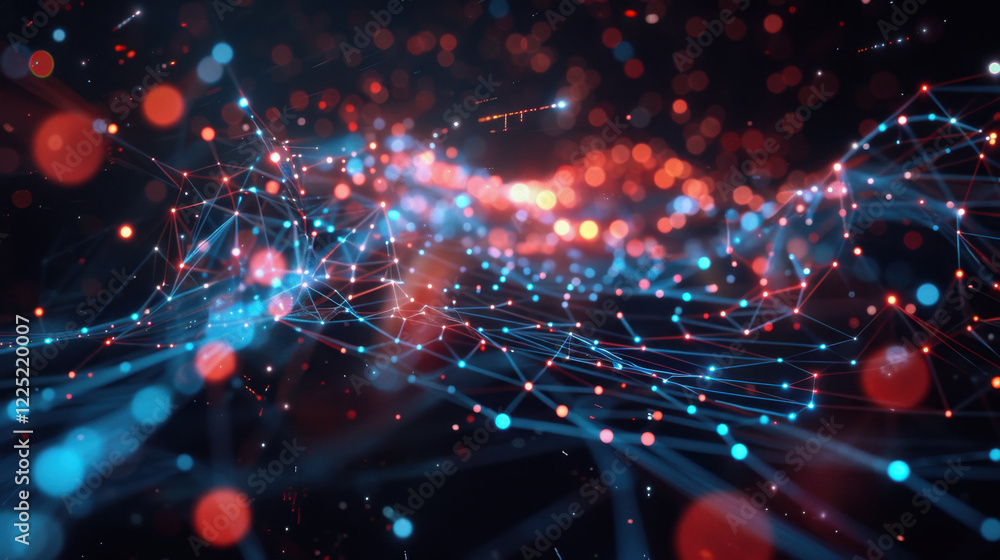 Poster abstract digital network with glowing blue and red nodes, representing data flow and connectivity in