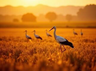 Stunning Storks on Golden Stubble Field Aerial Harvest