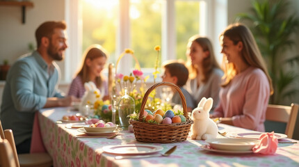 Easter Celebration: Table Decorated with Colorful Eggs, Chocolate Bunnies and Happy Family