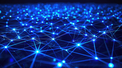 vibrant network of blue lights interconnected, symbolizing technology and connectivity. glowing nodes create mesmerizing visual effect, representing data flow and digital communication