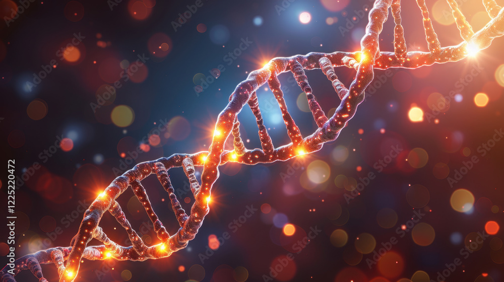 Aufkleber dna double helix structure with glowing lights and colorful bokeh background, symbolizing genetics a