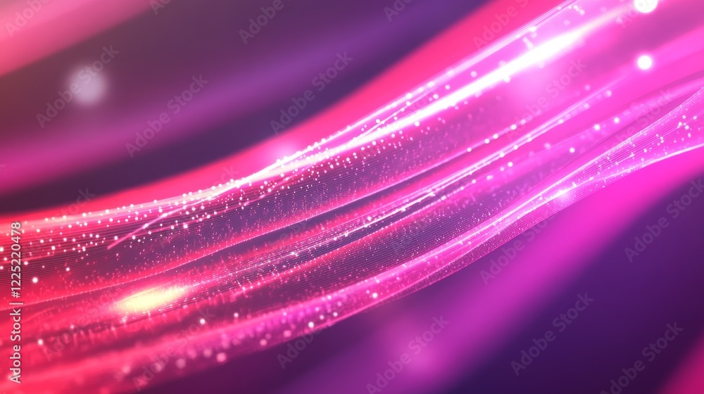 Poster abstract vibrant pink and purple waves with glowing particles creating a dynamic background effect