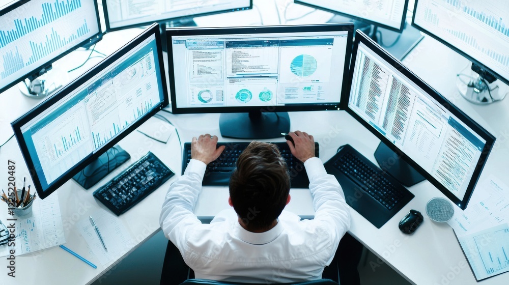Poster multiple computer screens displaying data analysis charts and graphs in an office workspace