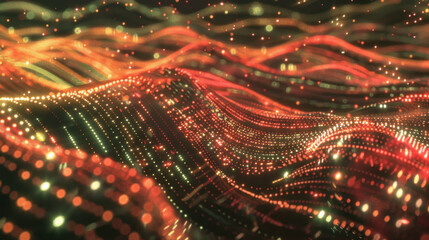 Abstract digital waves with glowing particles in red and orange hues create mesmerizing visual effect, evoking sense of movement and energy