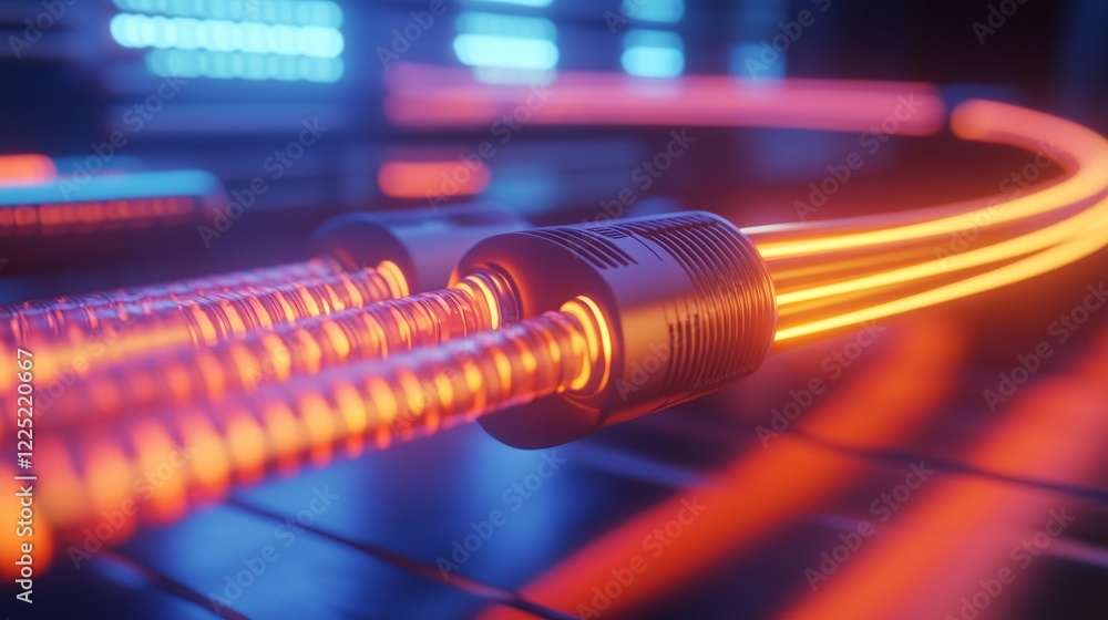 Poster vibrant glowing cables intertwining in a futuristic technology setting with illuminated background