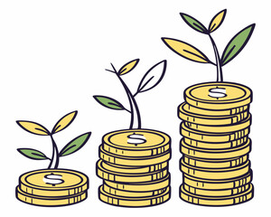 three stacks of golden coins money growth concept isolated on white background.