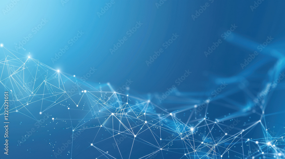 Poster digital abstract background with connected lines and dots, representing technology and data. blue to