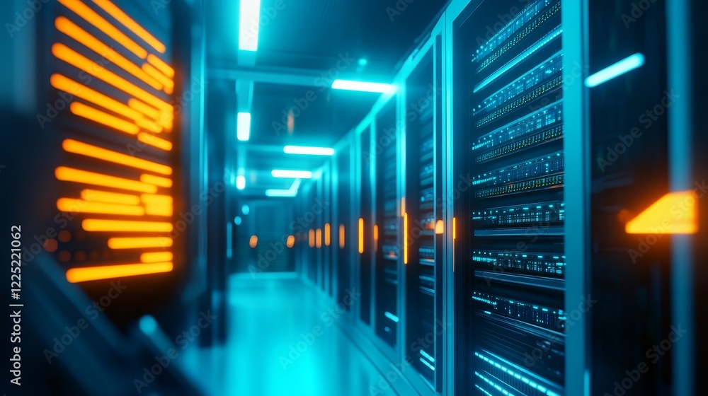 Poster futuristic data center corridor with glowing lights and server racks showcasing technology in action