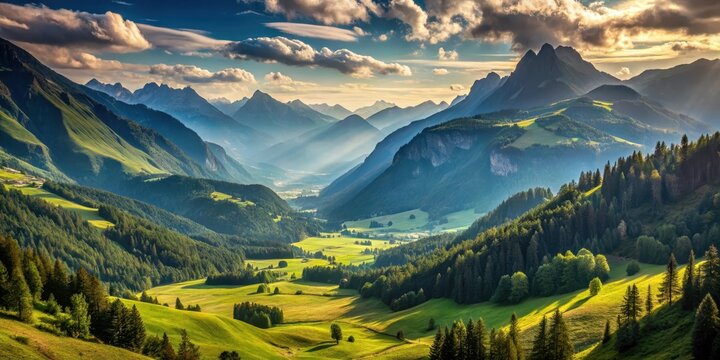 Serene Mountain Landscape, tranquility, valleys,  tranquility, valleys, rugged terrain, peaceful haven