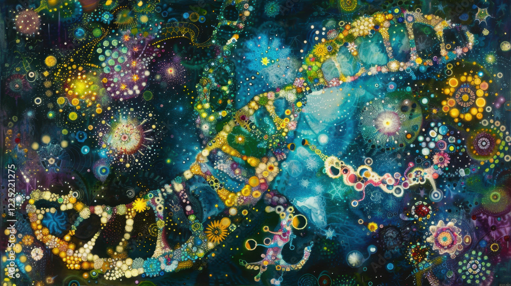 Aufkleber colorful abstract representation of dna structure with vibrant patterns and cosmic elements, symboli