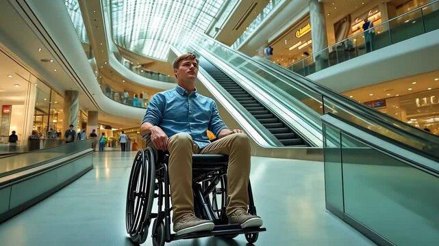 Young man navigating mall in wheelchair. Wheelchair user explores spacious shopping center. Individual travels through modern mall architecture. Vibrant venue accommodates accessibility. Comfort in