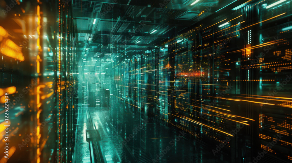 Poster futuristic data center with glowing lights and digital effects, showcasing advanced technology and h