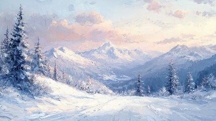 Fototapeta premium Serene winter sunrise over snow-covered mountains and evergreen trees.