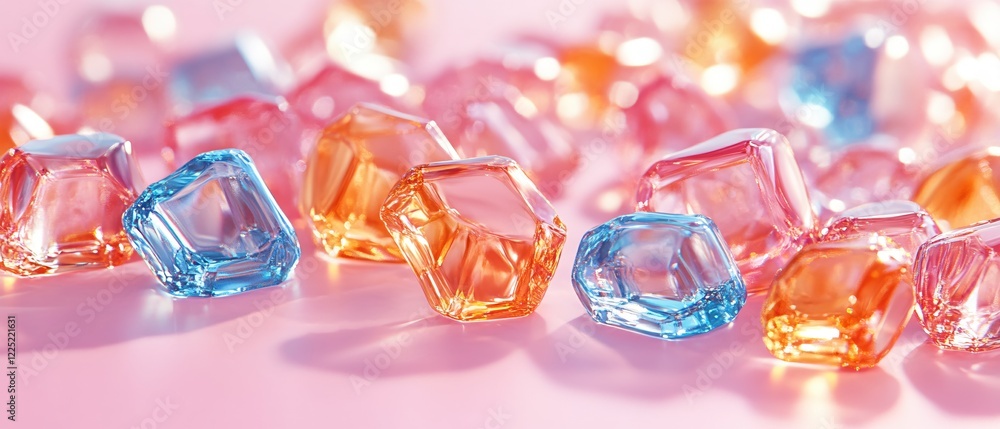 Poster colorful gems on pink surface with bright bokeh lights creating a soft and dreamy mood