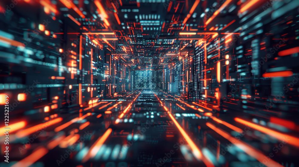Poster futuristic digital tunnel with glowing lines and data streams, creating sense of depth and motion. v