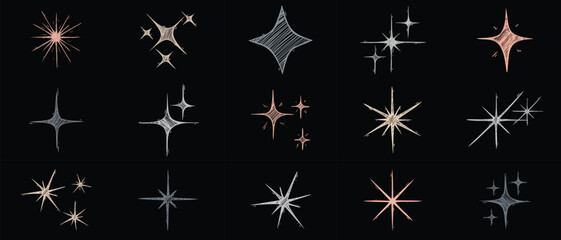 Hand drawn star sparkle shine of doodle set.Vector chalk graphic elements Charcoal pen drawn star shine glow, spark glitter, sparkle light.  vector illustration black background