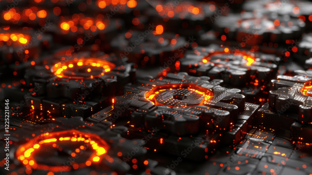 Poster abstract digital background with glowing gears and particles, showcasing futuristic design. vibrant 