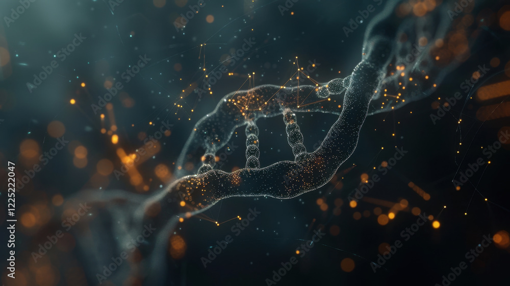 Poster digital representation of dna structure with glowing particles and connections, symbolizing genetic 