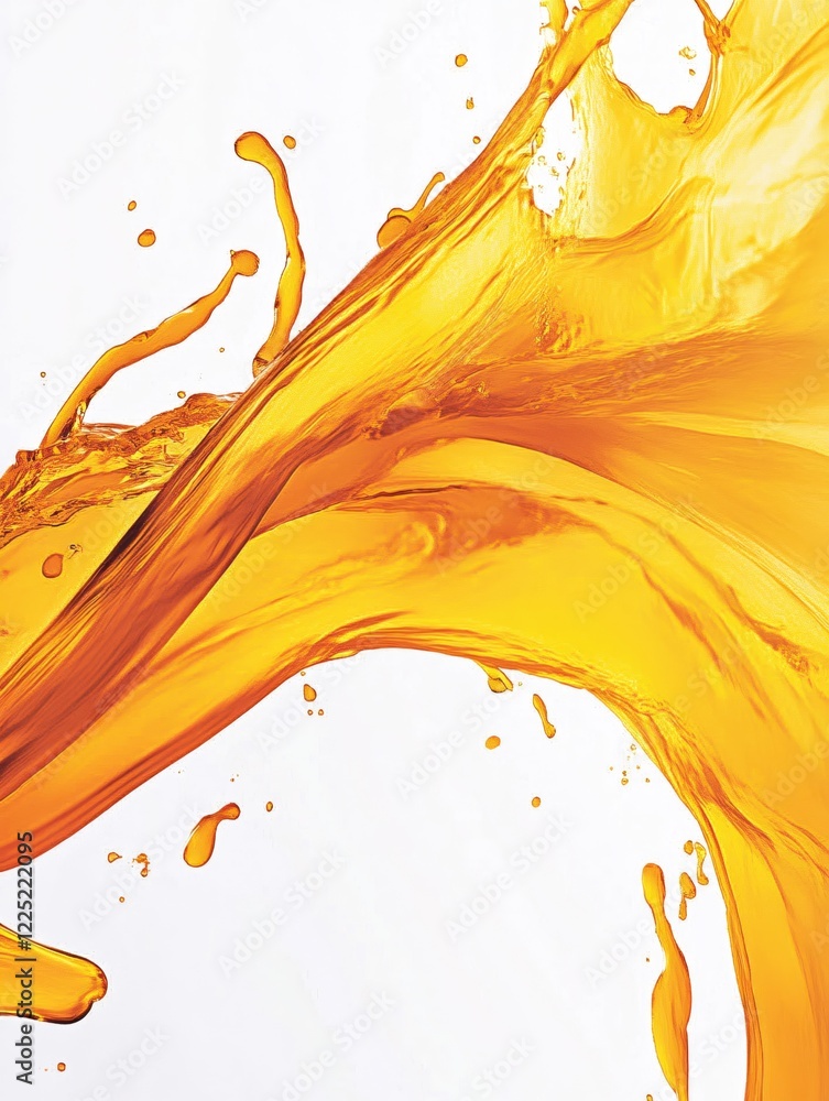Poster dynamic splash of golden liquid creating abstract shapes on a clean white background