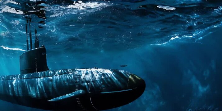 A sleek submarine submerged in deep blue waters, illuminated by ethereal rays of light filtering through the ocean surface.
