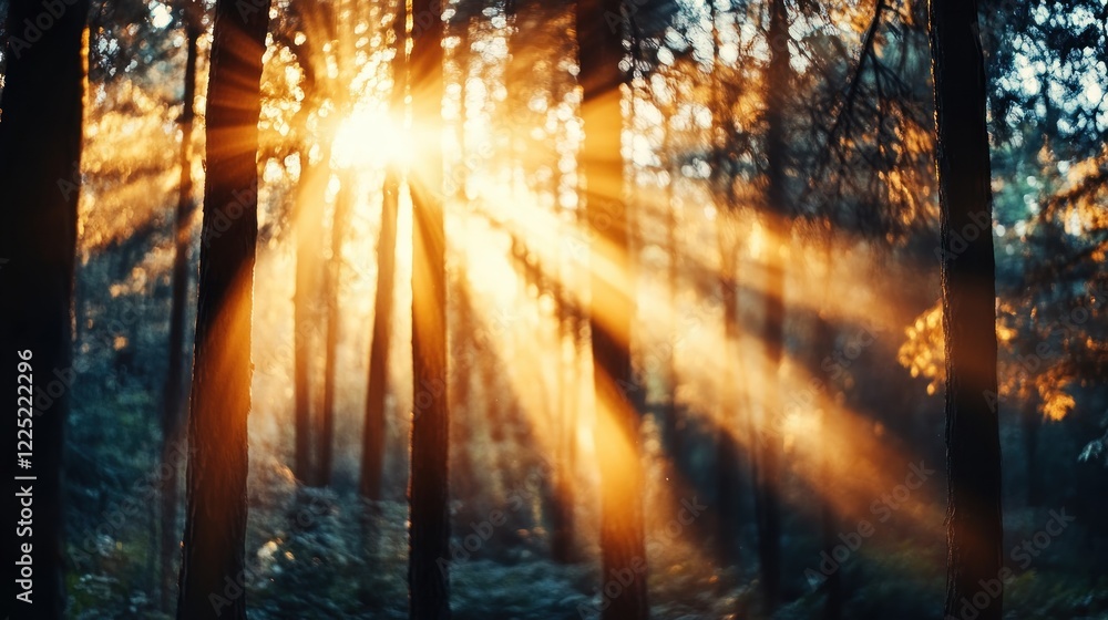 Poster experience the magic of a sunny day with golden rays of sunlight streaming through trees, evoking wa