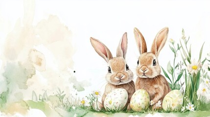 Obraz premium Watercolor illustration of two adorable bunnies among decorated Easter eggs, surrounded by spring flowers and foliage.