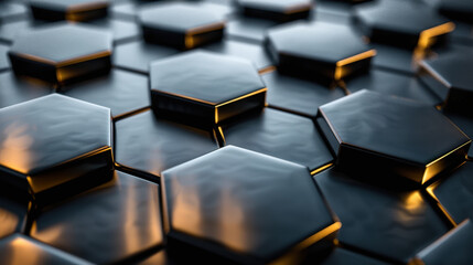 Obraz premium Sleek black hexagonal tiles with glossy finish, reflecting light beautifully. modern design creates striking visual effect, perfect for contemporary backgrounds