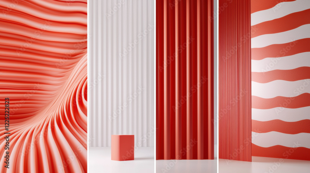 Fototapete textured red and white walls with cube, showcasing modern design elements and patterns