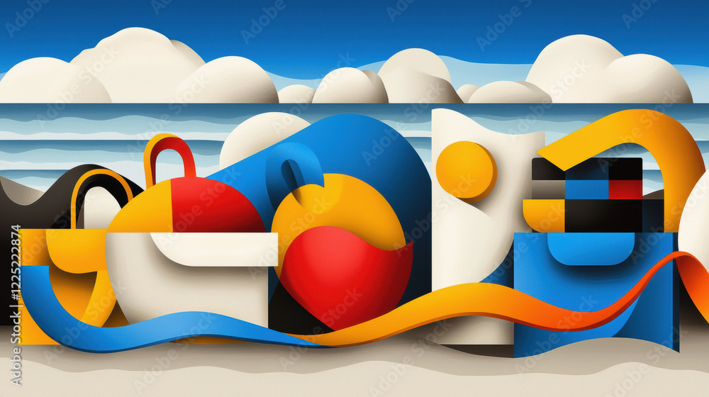 Fototapete colorful abstract shapes and patterns create vibrant beach scene with clouds and ocean waves