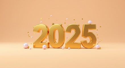 3D Rendering of Gold 2025 Text with White Pearls on Light Orange Background