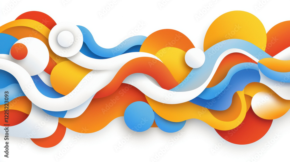 Aufkleber Colorful abstract design with wavy shapes and circles in orange, blue, and white tones, creating vibrant and dynamic visual effect