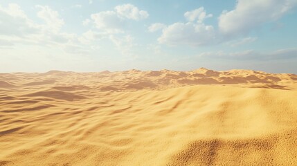 Expansive desert landscape under a bright sky with soft clouds, evoking a sense of tranquility