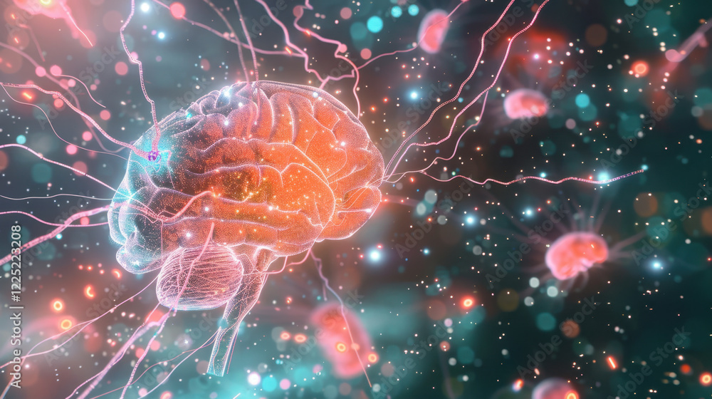Poster digital illustration of brain with neural connections and glowing particles, representing thoughts a