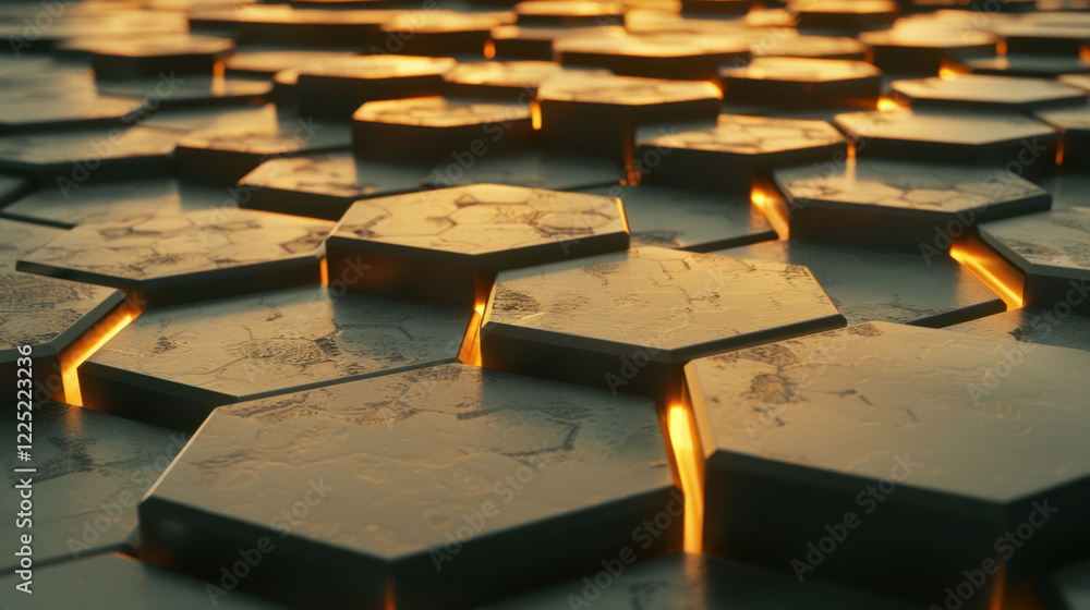 Poster hexagonal tiles with glowing edges create modern, geometric pattern. interplay of light and shadow e