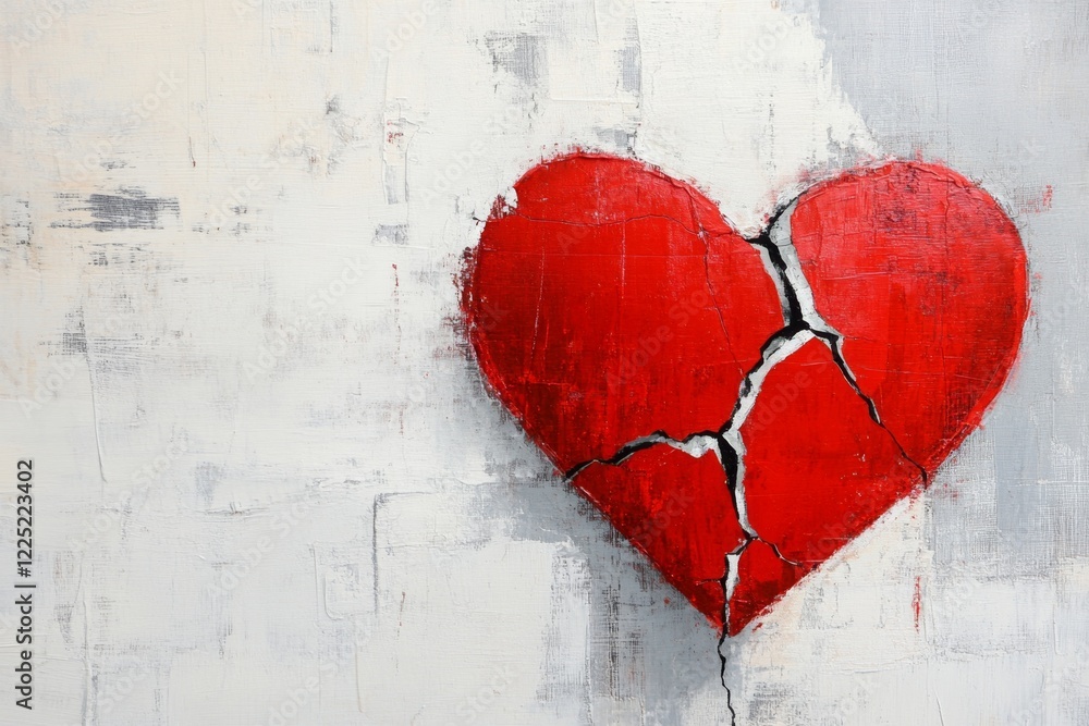 Poster A stylized heart with a jagged crack running through it, surrounded by faint, fragmented lines suggesting a broken state, in muted red and gray tones