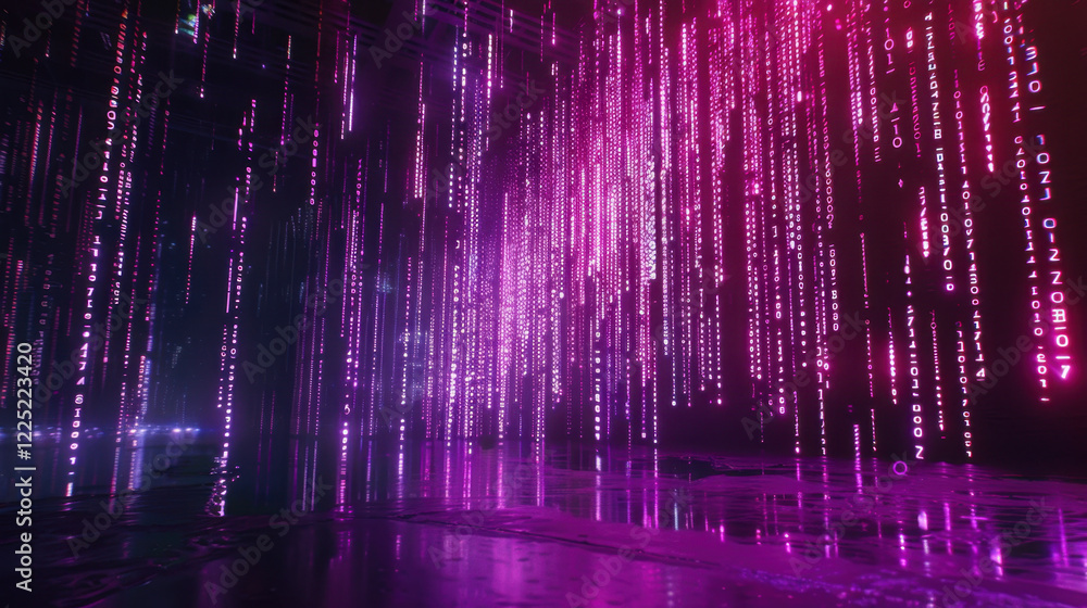 Poster vibrant digital landscape with cascading binary code in pink hues, creating futuristic atmosphere. s