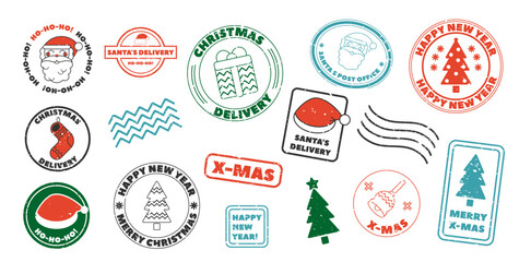 Charming festive grunge Christmas post mail and postcard stamp, santa delivery postmark set
