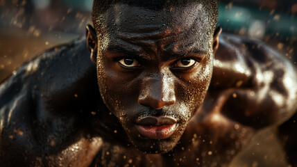 Sprinter powering forward with unwavering determination, focused on victory