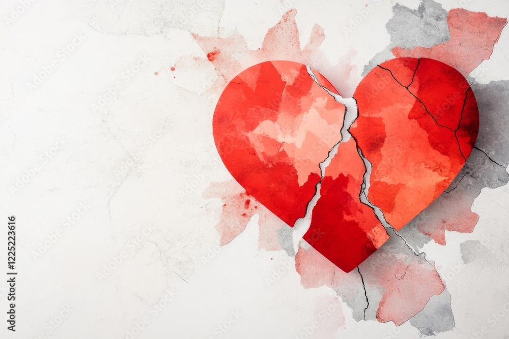 Poster A stylized heart with a jagged crack running through it, surrounded by faint, fragmented lines suggesting a broken state, in muted red and gray tones