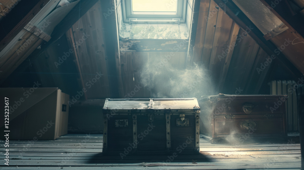 Poster old wooden chest sits in dusty attic, illuminated by soft light streaming through skylight. dust par